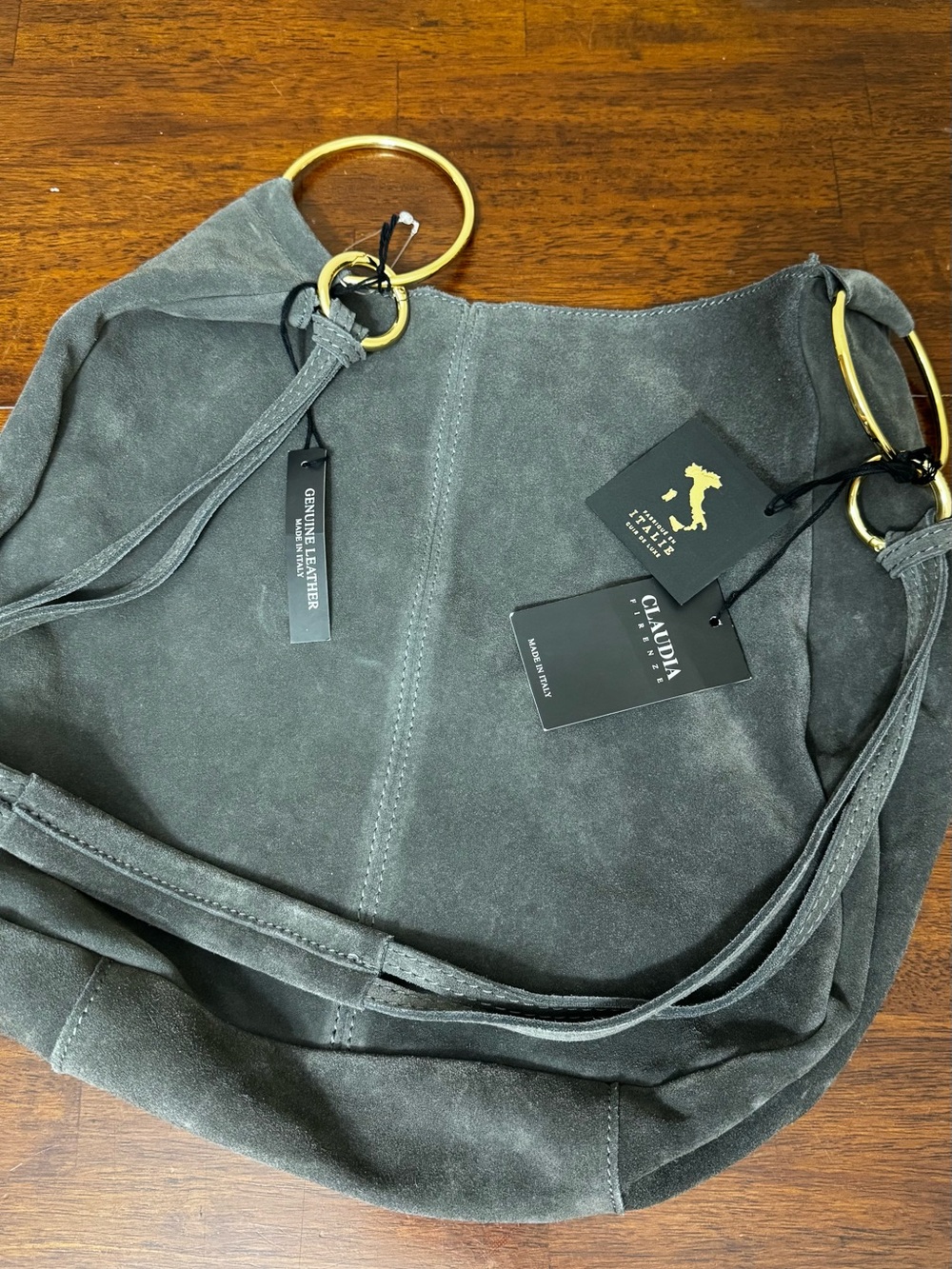 Dark Gray Suede Hobo Bag with Gold Rings